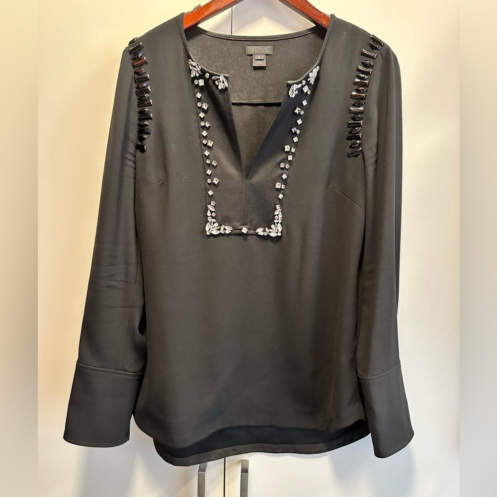 J. Crew Black V-Neck Embellished Long Sleeve Blouse - Size 8